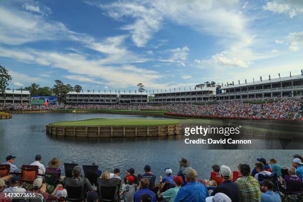 General view of the par 3, 17th hole from behind the green during the final round of THE PLAYERS Championship on THE PLAYERS Stadium Course at TPC...