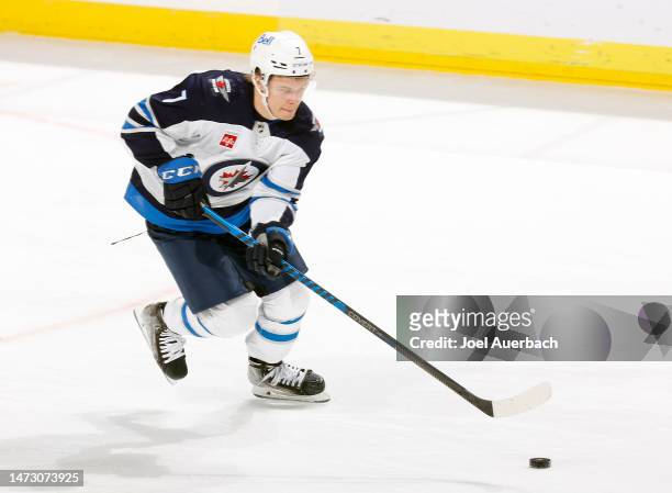 Vladislav Namestnikov of the Winnipeg Jets skates with the puck against the Florida Panthers during third period action at the FLA Live Arena on...