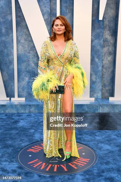 Chrissy Teigen attends the 2023 Vanity Fair Oscar Party Hosted By Radhika Jones at Wallis Annenberg Center for the Performing Arts on March 12, 2023...