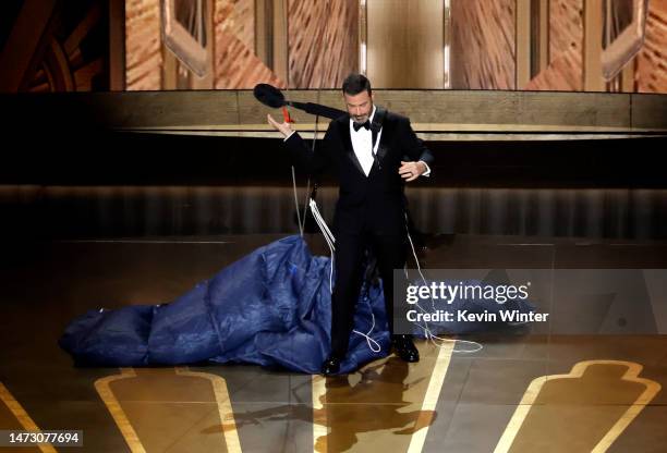 Host Jimmy Kimmel speaks onstage during the 95th Annual Academy Awards at Dolby Theatre on March 12, 2023 in Hollywood, California.