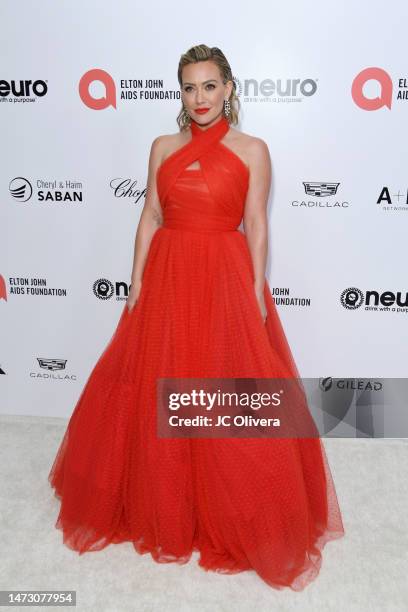 Hilary Duff attends the Elton John AIDS Foundation's 31st Annual Academy Awards Viewing Party on March 12, 2023 in West Hollywood, California.