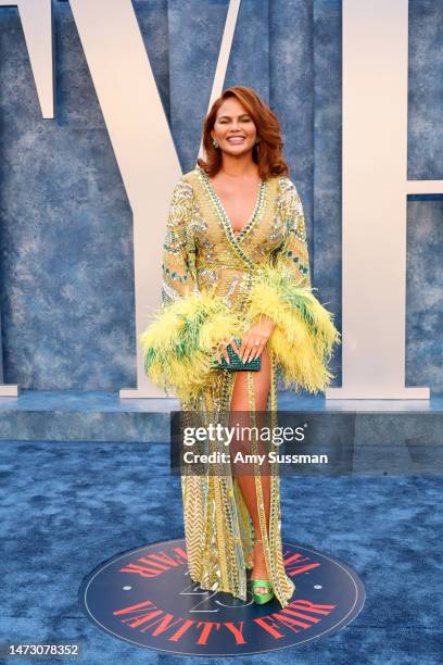 Chrissy Teigen attends the 2023 Vanity Fair Oscar Party Hosted By Radhika Jones at Wallis Annenberg Center for the Performing Arts on March 12, 2023...