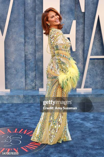 Chrissy Teigen attends the 2023 Vanity Fair Oscar Party Hosted By Radhika Jones at Wallis Annenberg Center for the Performing Arts on March 12, 2023...