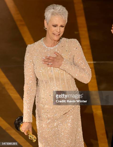 Jamie Lee Curtis accepts the Best Supporting Actress for "Everything Everywhere All at Once" onstage during the 95th Annual Academy Awards at Dolby...