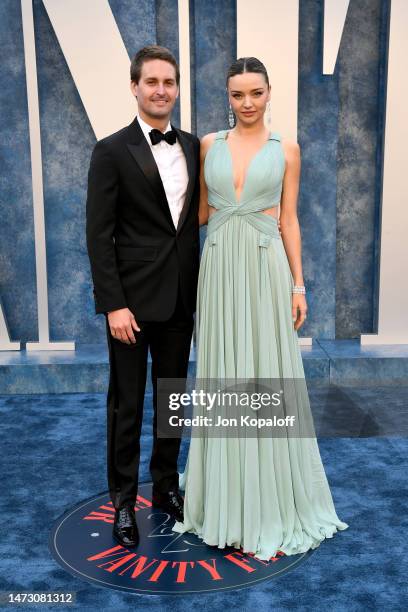 Evan Spiegel and Miranda Kerr attend the 2023 Vanity Fair Oscar Party Hosted By Radhika Jones at Wallis Annenberg Center for the Performing Arts on...