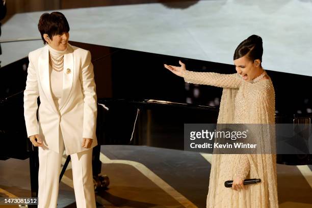 Diane Warren and Sofia Carson perform onstage during the 95th Annual Academy Awards at Dolby Theatre on March 12, 2023 in Hollywood, California.