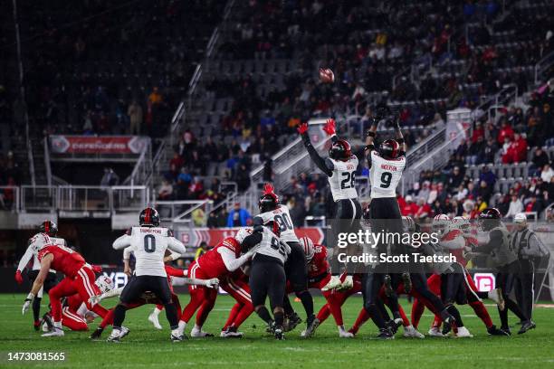 General view of a DC Defenders field goal attempt against the Vegas Vipers during the first half of the XFL game at Audi Field on March 12, 2023 in...