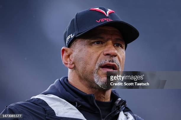 Head coach Rod Woodson of the Vegas Vipers looks on before the XFL game against the DC Defenders at Audi Field on March 12, 2023 in Washington, DC.