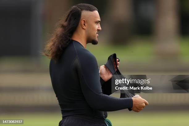 Keaon Koloamatangi prepares to train during a South Sydney Rabbitohs NRL training session at Redfern Oval on March 13, 2023 in Sydney, Australia.