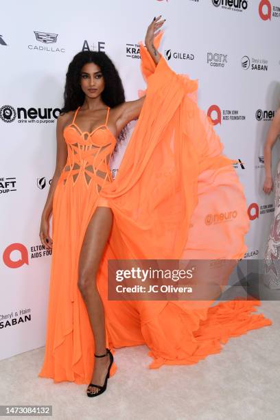 Imaan Hammam attends the Elton John AIDS Foundation's 31st Annual Academy Awards Viewing Party on March 12, 2023 in West Hollywood, California.