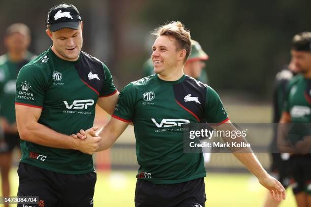 Liam Knight and Blake Taaffe share a laugh during a South Sydney Rabbitohs NRL training session at Redfern Oval on March 13, 2023 in Sydney,...