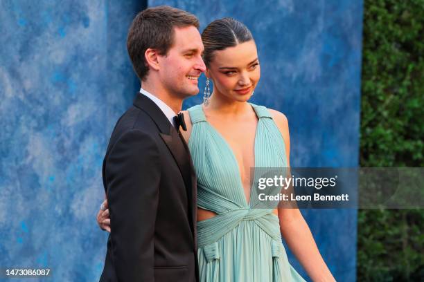 Evan Spiegel and Miranda Kerr attend the 2023 Vanity Fair Oscar Party Hosted By Radhika Jones at Wallis Annenberg Center for the Performing Arts on...