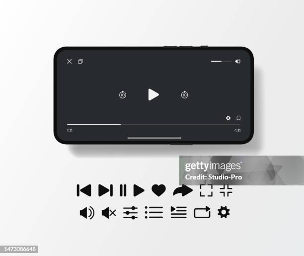 mobile video player template with black screen mockup and icons set - liquid crystal display stock illustrations