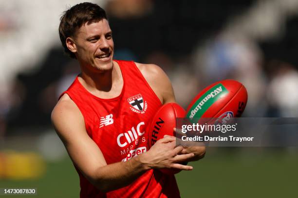 Jack Hayes of the Saints trains with the rehab groupduring a St Kilda Saints AFL training session at RSEA Park on March 13, 2023 in Melbourne,...