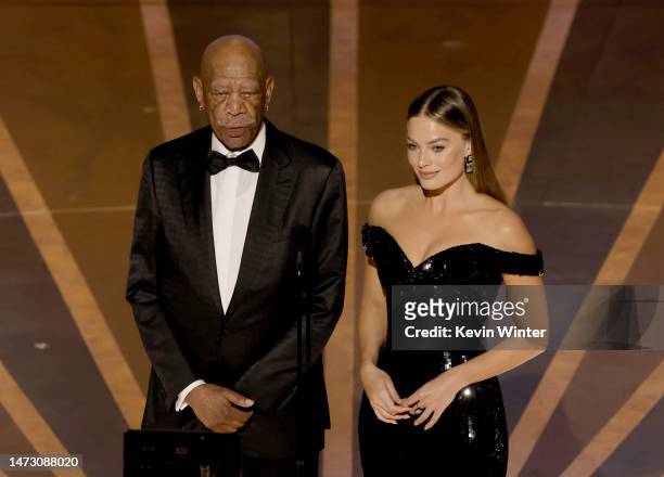 Morgan Freeman and Margot Robbie speak onstage during the 95th Annual Academy Awards at Dolby Theatre on March 12, 2023 in Hollywood, California.