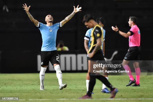 Sebastián Rivas of Montevideo City Torque celebrates after scoring the first goal of his team during a match between Peñarol and City Torque as part...