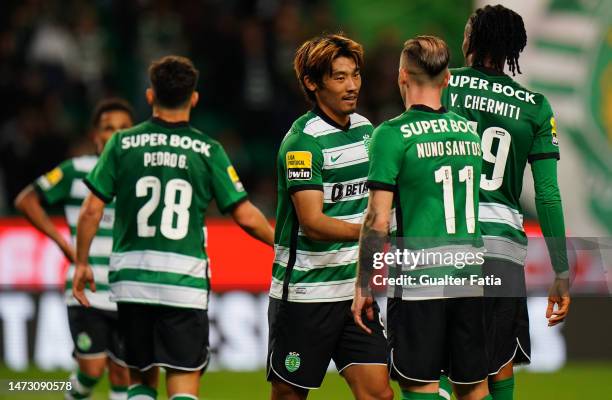 Sporting CP players celebrate after a goal during the Liga Bwin match between Sporting CP and Boavista FC at Estadio Jose Alvalade on March 12, 2023...