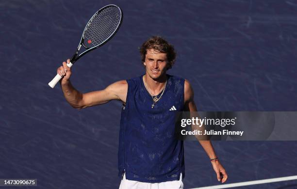 Alexander Zverev of Germany celebrates defeating Emil Ruusuvuori of Finland during the BNP Paribas Open on March 12, 2023 in Indian Wells, California.