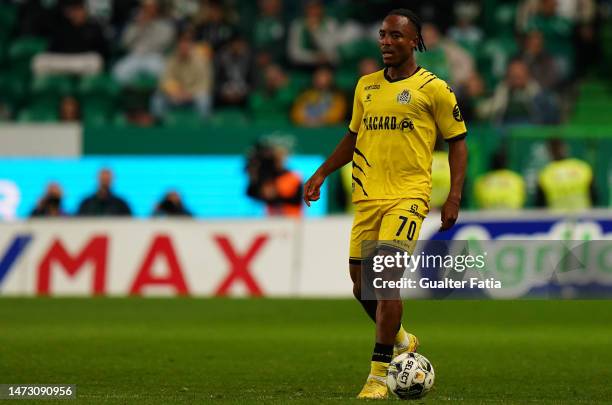 Bruno Onyemaechi of Boavista FC in action during the Liga Bwin match between Sporting CP and Boavista FC at Estadio Jose Alvalade on March 12, 2023...