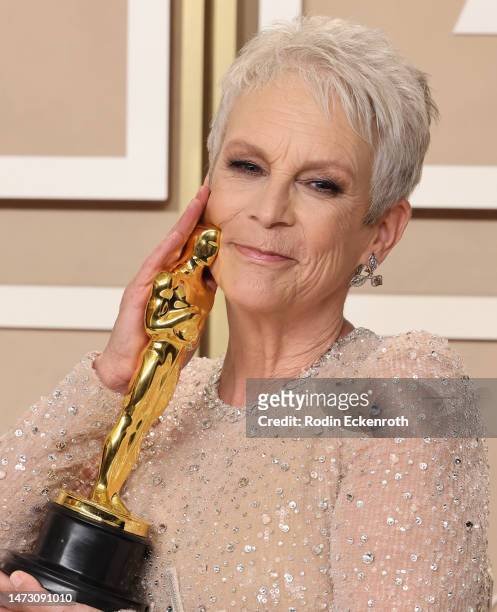 Jamie Lee Curtis, winner of Best Actress in a Supporting Roll award for ‘Everything Everywhere All at Once’ poses in the press room during the 95th...