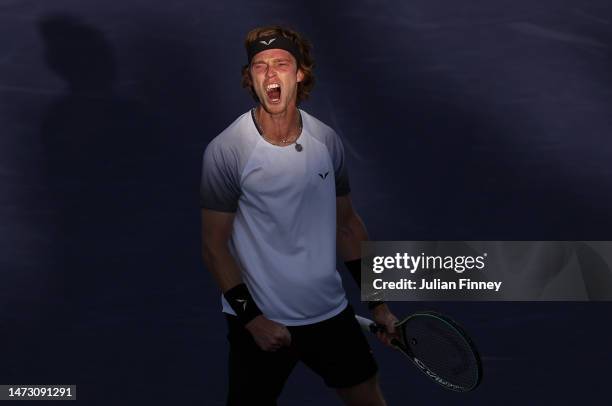 Andrey Rublev of Russia celebrates against Ugo Humbert of France during the BNP Paribas Open on March 12, 2023 in Indian Wells, California.