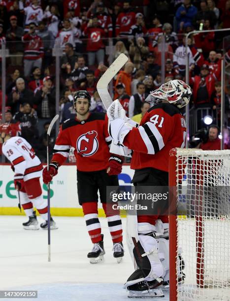 Vitek Vanecek of the New Jersey Devils celebrates the win over the Carolina Hurricanes at Prudential Center on March 12, 2023 in Newark, New Jersey....