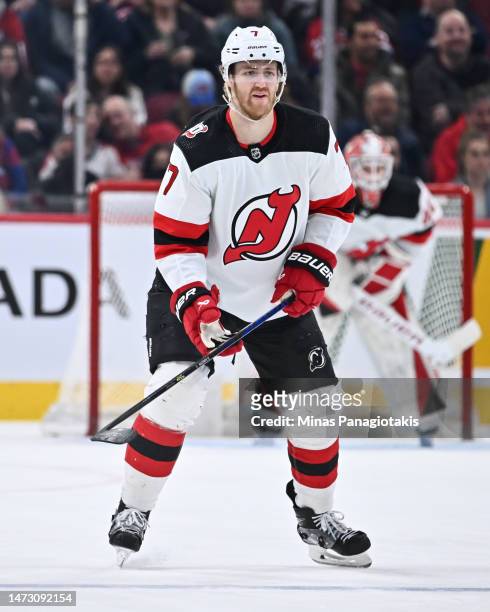Dougie Hamilton of the New Jersey Devils skates during the third period against the Montreal Canadiens at Centre Bell on March 11, 2023 in Montreal,...
