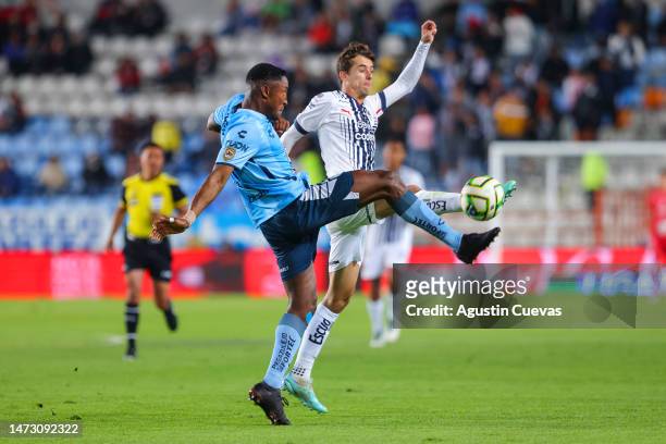 Oscar Murillo of Pachuca fights for the ball with Jordi Cortizo of Monterrey during the 11th round match between Pachuca and Monterrey as part of the...