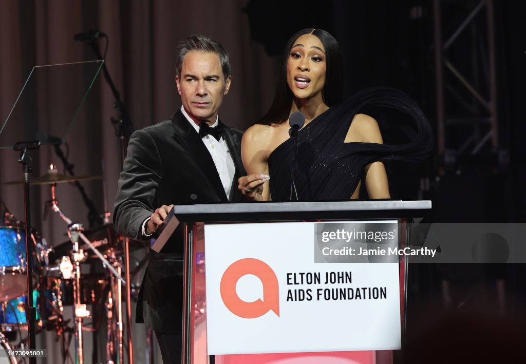 Eric McCormack and Michaela Jae Rodriguez speak on stage during the