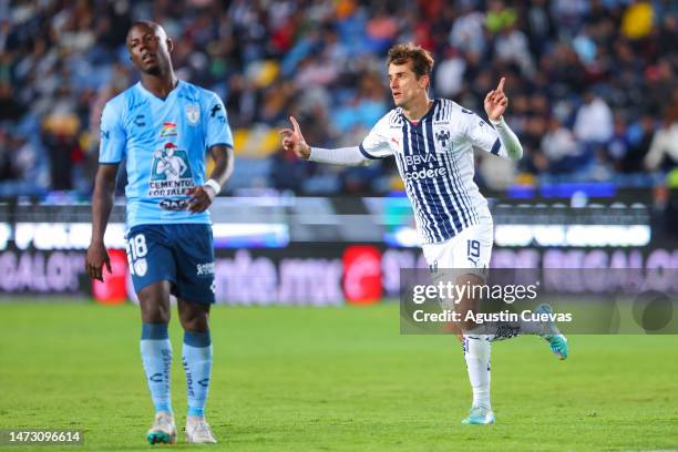 Jordi Cortizo of Monterrey celebrates after scoring the team's second goal during the 11th round match between Pachuca and Monterrey as part of the...
