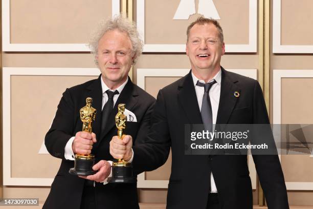 Charlie Mackesy and Matthew Freud, winners of Best Short Film award for ’The Boy, The Mole, The Fox, and The Horse’ pose in the press room during the...