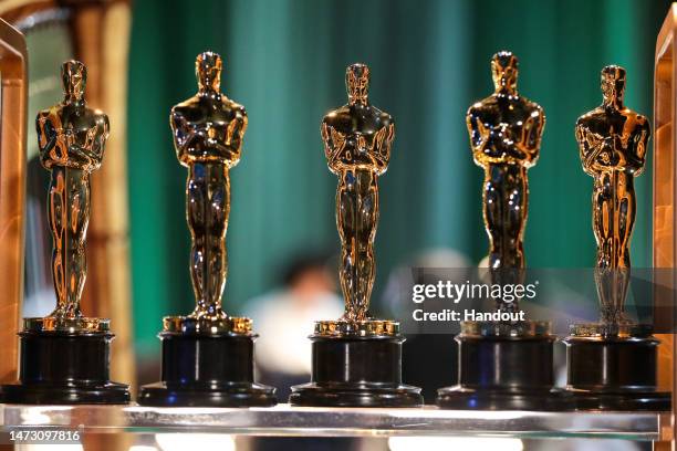 In this handout photo provided by A.M.P.A.S., Oscar statuettes are seen backstage during the 95th Annual Academy Awards on March 12, 2023 in...