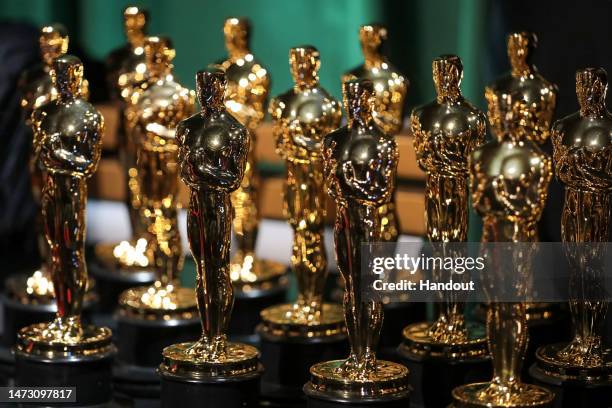 In this handout photo provided by A.M.P.A.S., Oscar statuettes are seen backstage during the 95th Annual Academy Awards on March 12, 2023 in...