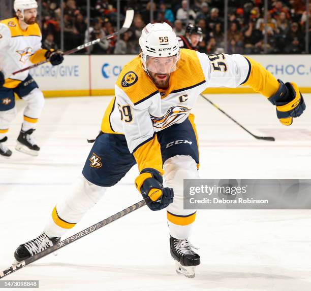 Roman Josi of the Nashville Predators skates on the ice during the first period against the Anaheim Ducks at Honda Center on March 12, 2023 in...