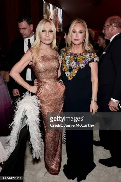 Donatella Versace and Kathy Hilton attend the Elton John AIDS Foundation's 31st Annual Academy Awards Viewing Party on March 12, 2023 in West...