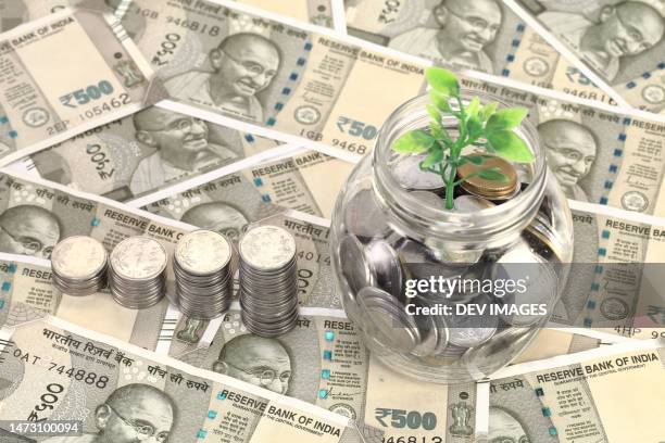 stack of rupee coins indian rupee notes - indian economy business and finance photos et images de collection