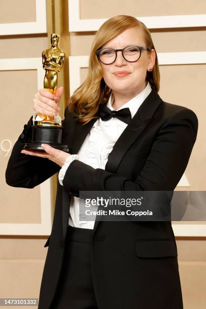 Sarah Polley, winner of the Adapted Screenplay award for "Women Talking," poses in the press room during the 95th Annual Academy Awards on March 12,...