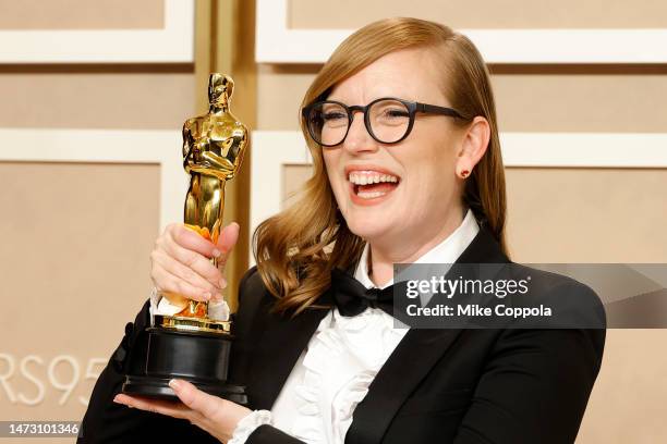 Sarah Polley, winner of the Adapted Screenplay award for "Women Talking," poses in the press room during the 95th Annual Academy Awards on March 12,...