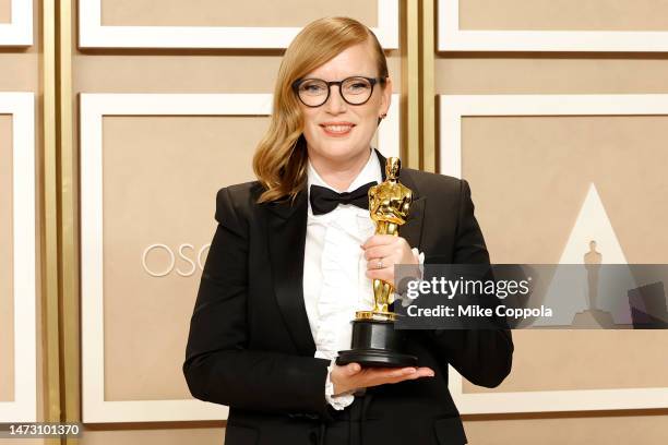 Sarah Polley, winner of the Adapted Screenplay award for "Women Talking," poses in the press room during the 95th Annual Academy Awards on March 12,...