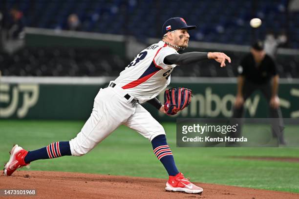 Martin Schneider of the Czech Republic throws in the first inning during the World Baseball Classic Pool B game between Australia and Czech Republic...
