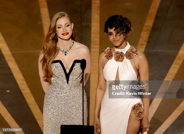 Jessica Chastain and Halle Berry speak onstage during the 95th Annual Academy Awards at Dolby Theatre on March 12, 2023 in Hollywood, California.