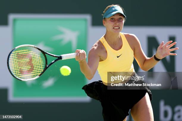 Anastasia Potapova of Russia returns a shot to Jessica Pegula during the BNP Paribas Open at the Indian Wells Tennis Garden on March 12, 2023 in...