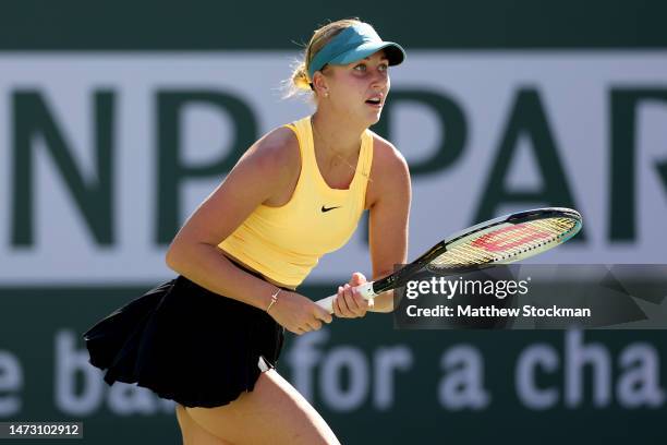 Anastasia Potapova of Russia plays Jessica Pegula during the BNP Paribas Open at the Indian Wells Tennis Garden on March 12, 2023 in Indian Wells,...