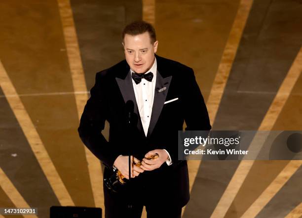 Brendan Fraser accepts the Best Actor award for "The Whale" onstage during the 95th Annual Academy Awards at Dolby Theatre on March 12, 2023 in...