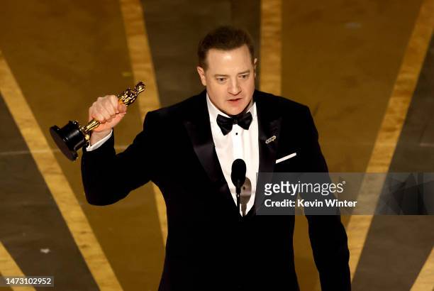 Brendan Fraser accepts the Best Actor award for "The Whale" onstage during the 95th Annual Academy Awards at Dolby Theatre on March 12, 2023 in...