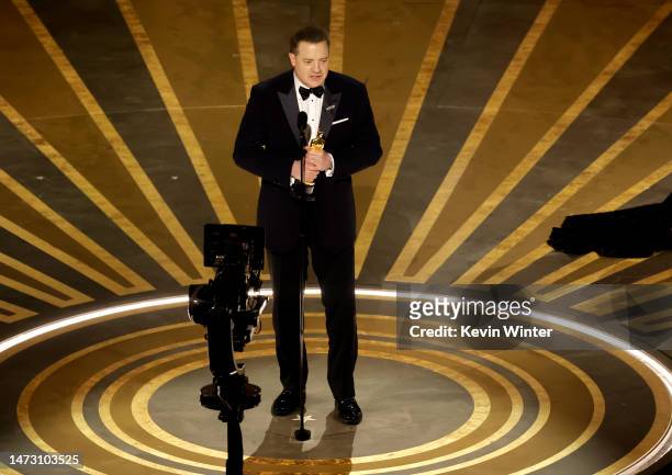 Brendan Fraser accepts the Best Actor award for "The Whale" onstage during the 95th Annual Academy Awards at Dolby Theatre on March 12, 2023 in...