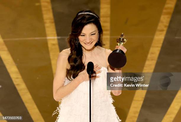 Michelle Yeoh accepts the Best Actress award for "Everything Everywhere All at Once" onstage during the 95th Annual Academy Awards at Dolby Theatre...