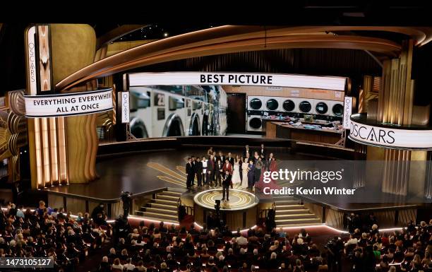 Cast and crew of "Everything Everywhere All at Once" accepts the Best Picture award onstage during the 95th Annual Academy Awards at Dolby Theatre on...