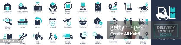 delivery and logistic icons set. containing warehouse, container, courier, delivery, tracking, truck, package and more solid icons collection. vector illustration. for website, marketing materials, design, logo, app, template, ui, interfaces, layouts etc. - business stock illustrations
