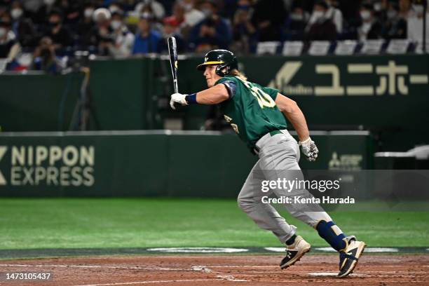 Ulrich Bojarski of Australia grounds out in the third inning during the World Baseball Classic Pool B game between Australia and Czech Republic at...